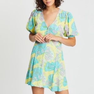 Faithfull The Brand Yellow Blue Ilia Floral V Neck Short Sleeve Mini Dress  XS